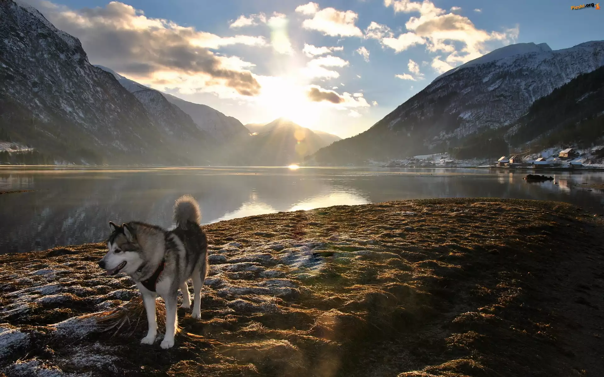 Husky, Słońca, Promienie, Jezioro, Góry, Chmury