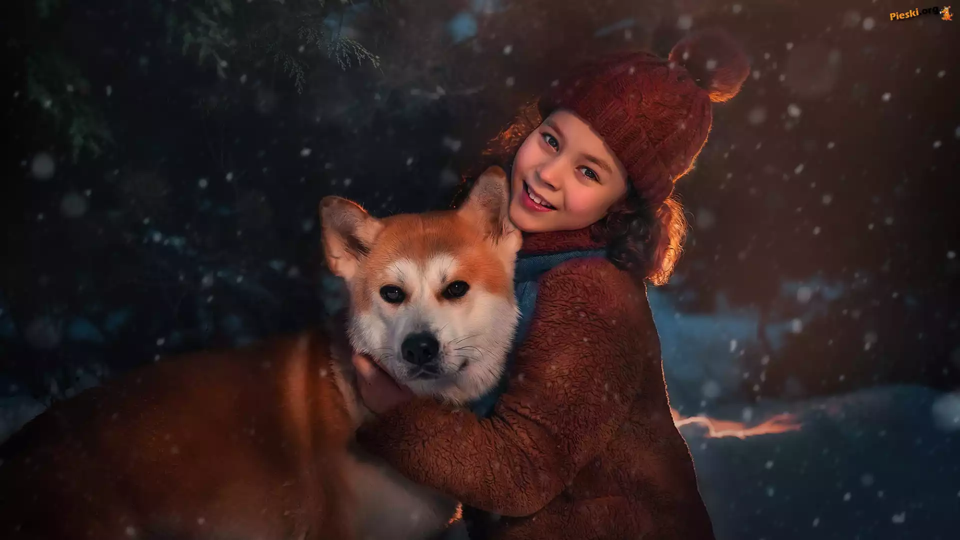 Pies, Uśmiech, Dziewczynka, Czapka, Shiba inu