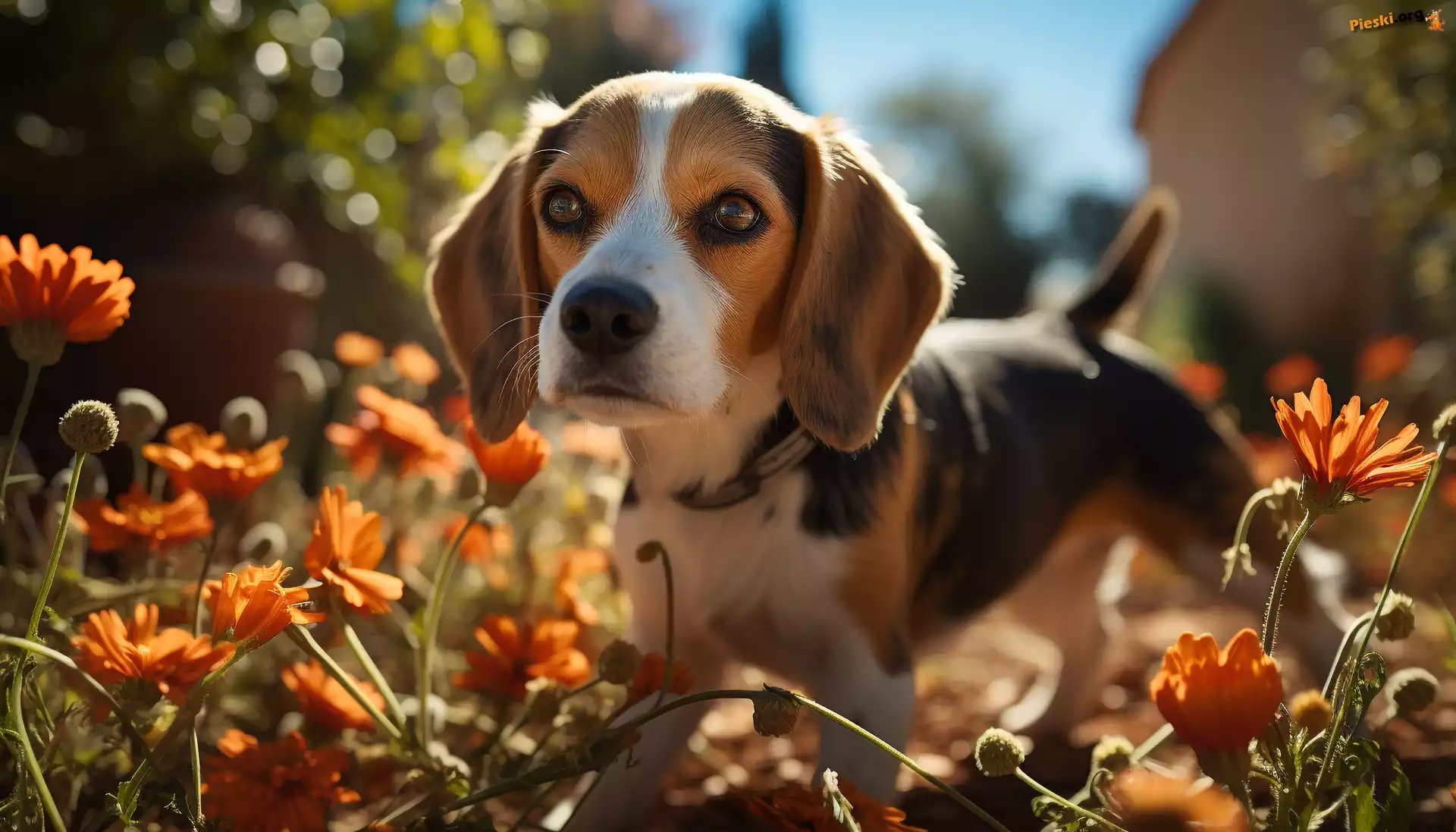 Szczeniak, Grafika, Beagle, Kwiaty, Pies