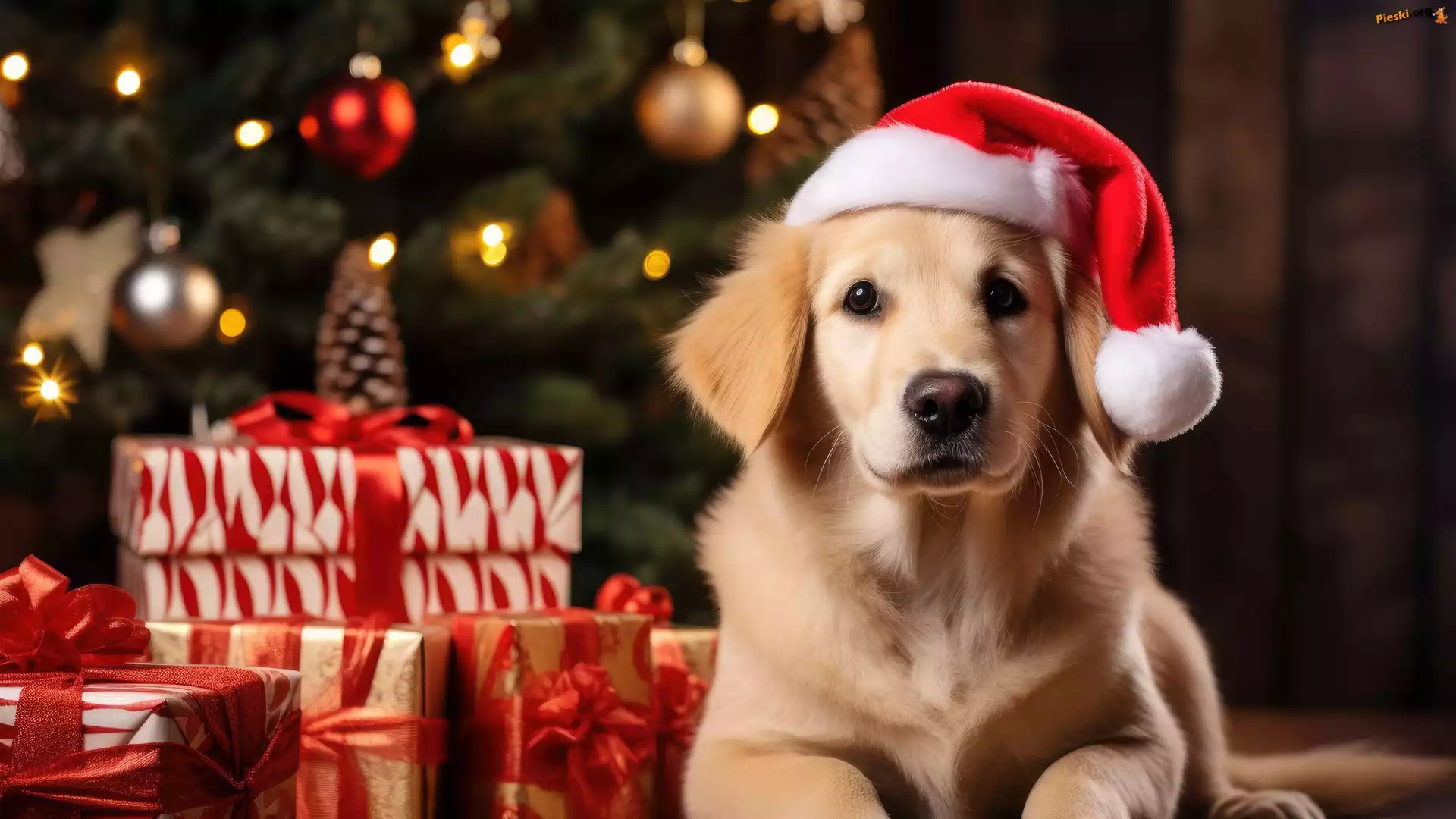 Prezenty, Mikołaj, Golden retriever, Pies