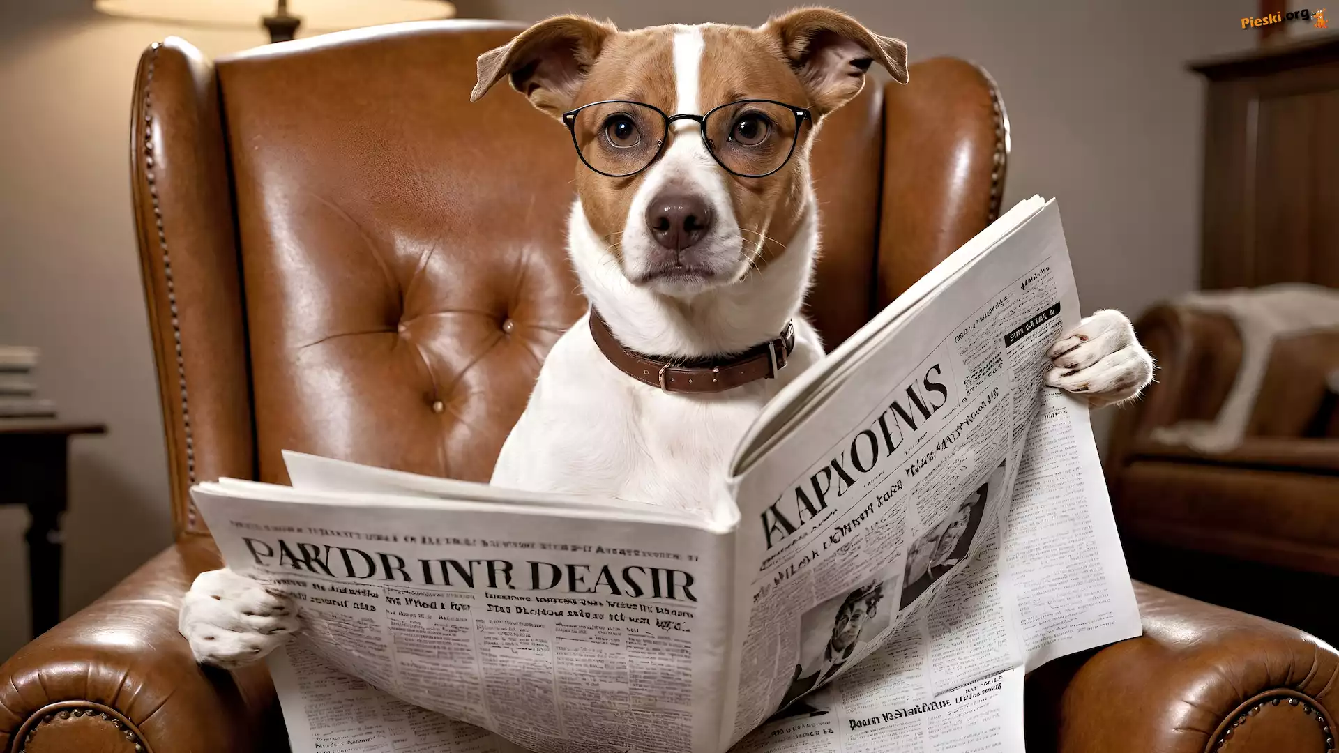 Fotel, Pies, Jack Russell terrier, Grafika, Gazeta, Okulary