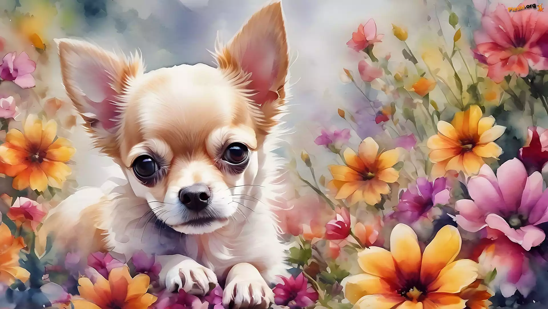 Grafika, Pies, Szczeniak, Chihuahua, Akwarela, Kwiaty