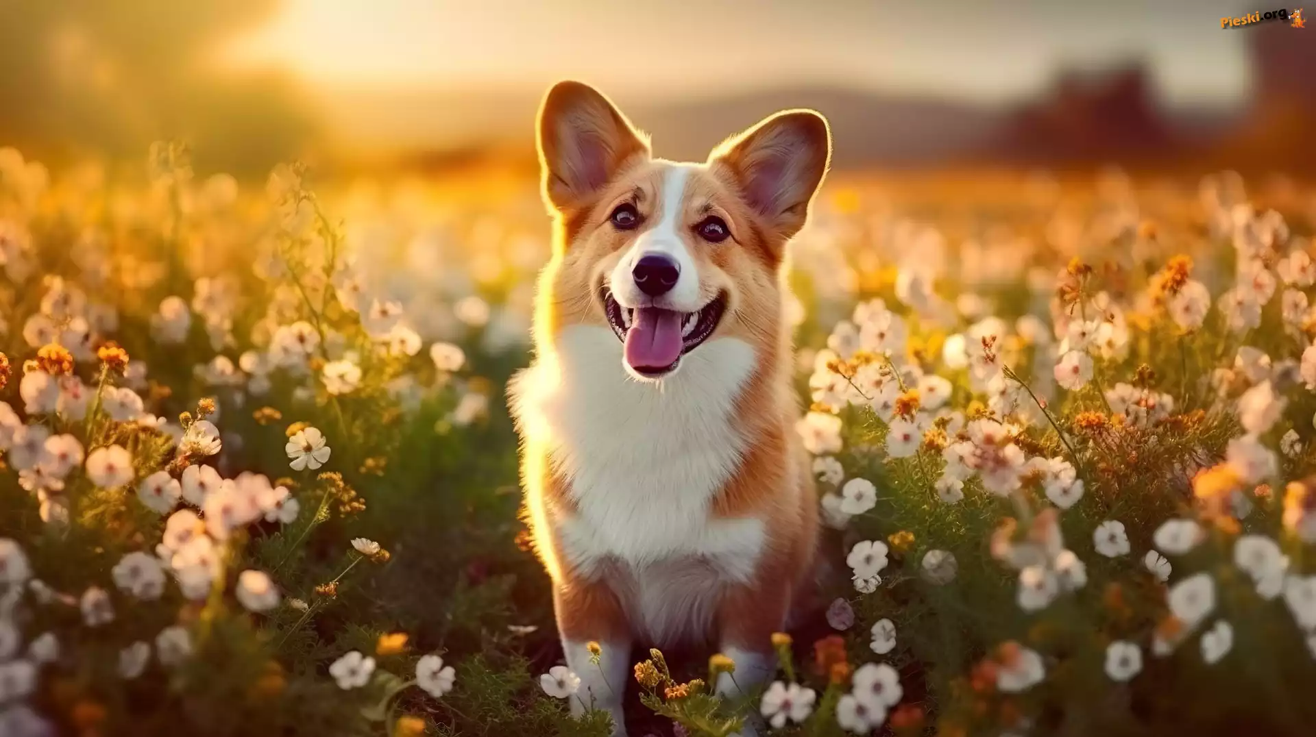 Spojrzenie, Łąka, Pies, Kwiaty, Welsh corgi pembroke