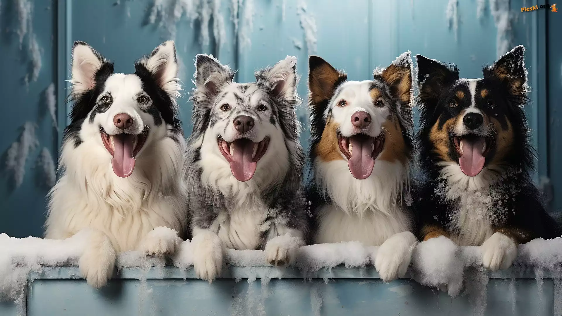 Śnieg, Psy, Border collie, Cztery, Zmarznięty, Jęzory