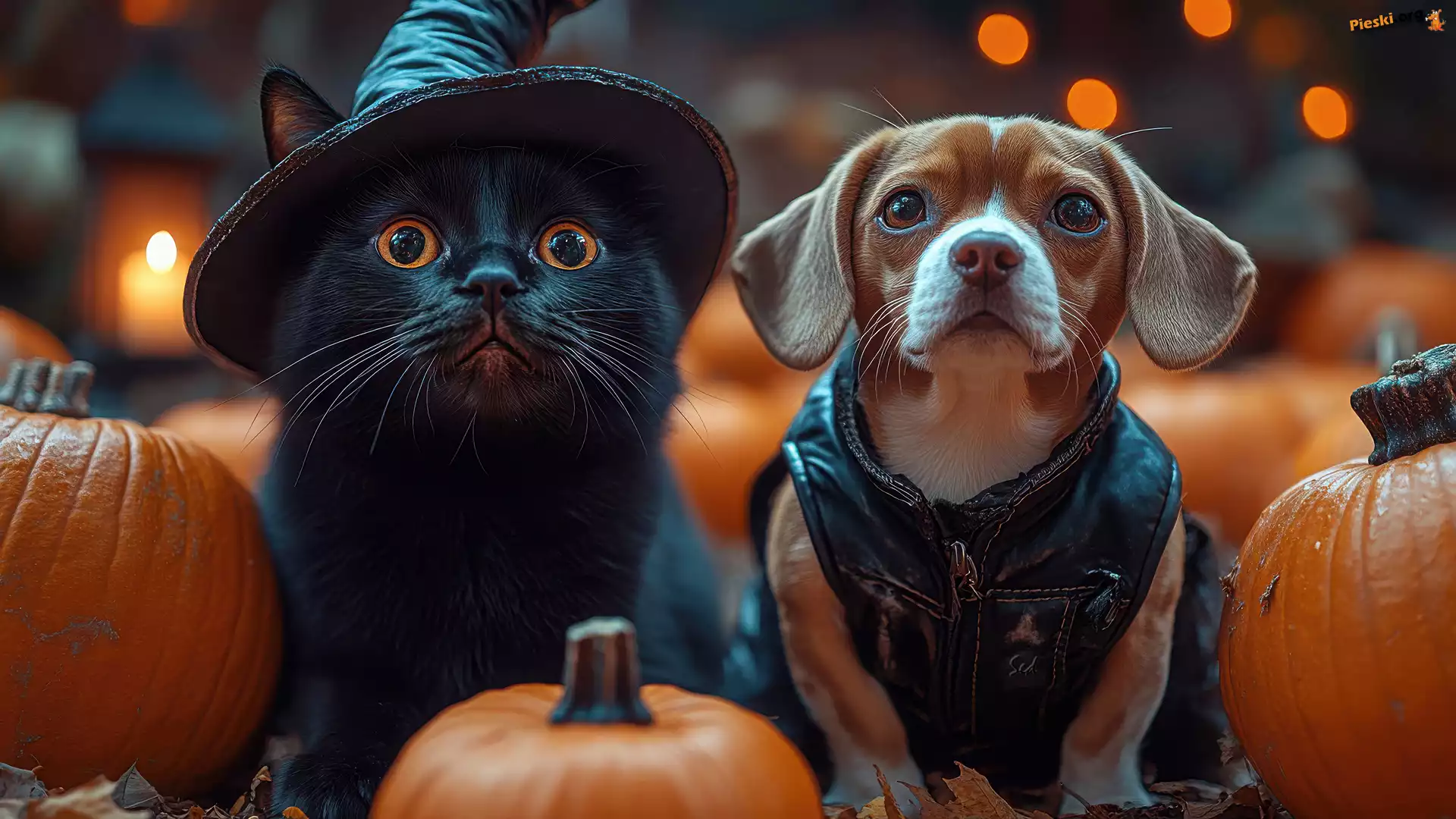 Dynie, Pies, Kot, Grafika, Kapelusz, Czarny