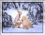 Zima, Pies, Dziewczynka, Drzewa, Śnieg, Golden retriever